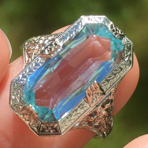 Intricate Art Deco Sterling Silver Blue Topaz Ring - Picture 14 of 15
